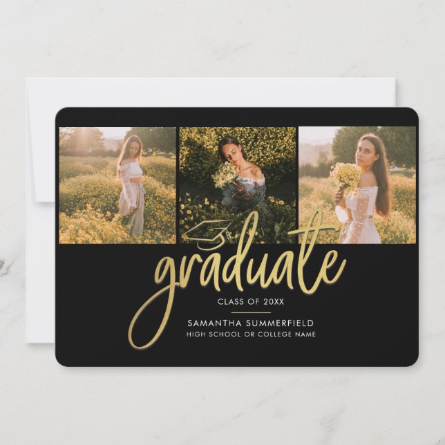 Faire-part Graduation 4 Photo Collage Black Gold Grad Script (Devant)