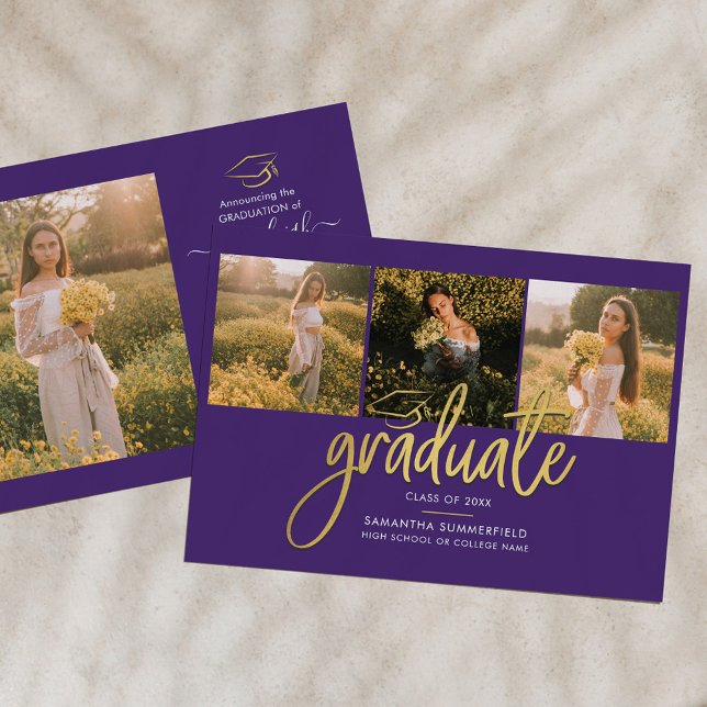 Faire-part Graduation 4 Photo Collage Script Purple Gold Grad (Créateur téléchargé)