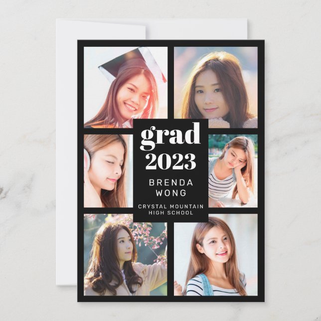 Faire-part Graduation 6 Photo Collage blanc Script noir (Devant)