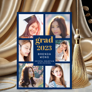Faire-part Graduation 6 Photo Collage Gold Script Royal Blue