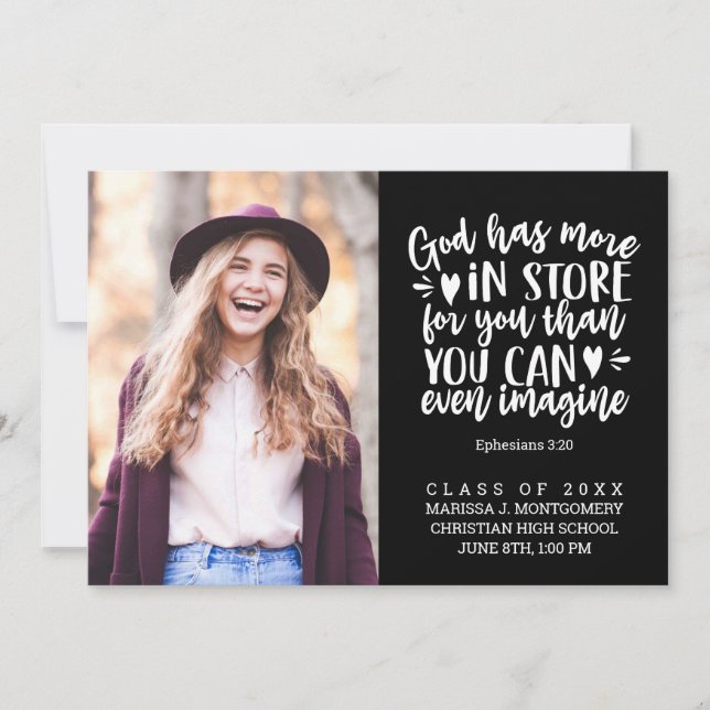Faire-part Graduation Bible Verse Photo Blanc Script Noir (Devant)