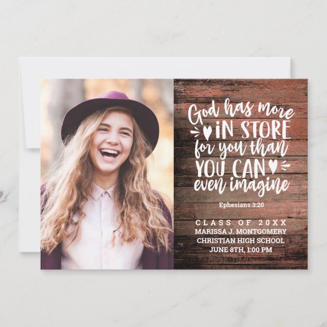 Faire-part Graduation Bible Verse Photo Bois rustique Script (Devant)