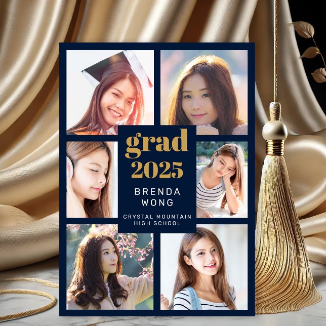 Faire-part Graduation Bleu 6 Photo Collage Or Blanc Script (Six Photo Navy Blue Graduation Announcement with Gold and White lettering)