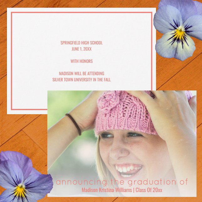 Faire-part Graduation Coral Rose Simple White Overlay Photo (Créateur téléchargé)