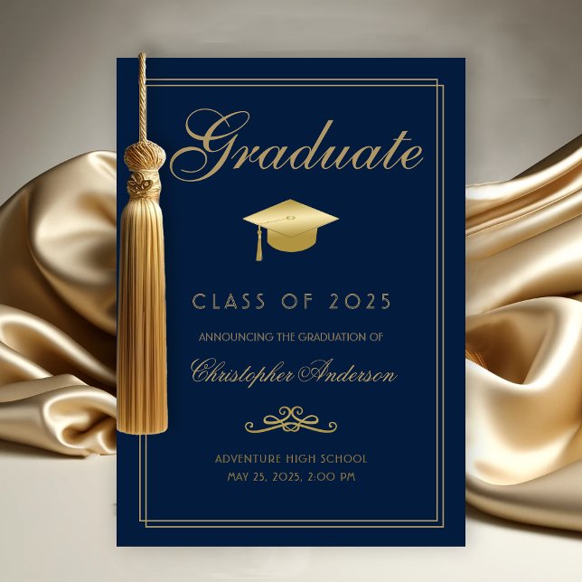 Faire-part Graduation Marine Bleu Or Formal Script Grad Casqu (Elegant Graduate Graduation Announcement with Gold Grad Cap, calligraphy script navy blue background)