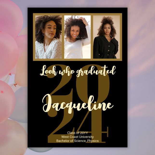 Faire-part Graduation moderne 2025 Gold Script photo Collage (Créateur téléchargé)