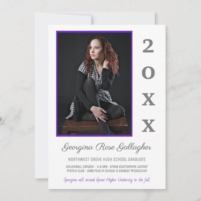 Faire-part Graduation Moderne Photo Simple Grad Année Purple (Devant)