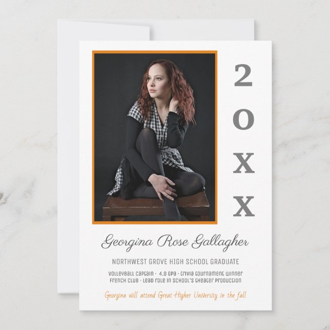 Faire-part Graduation Moderne Photo Simple Grad Year Orange (Devant)