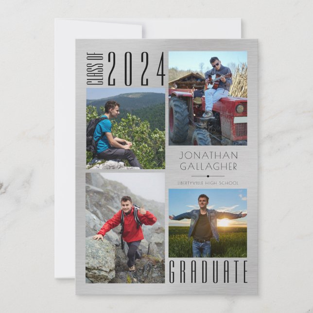 Faire-part Graduation moderne Quatre photos brossé argent (Devant)