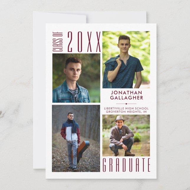 Faire-part Graduation Moderne Sleek Maroon Photo Collage (Devant)