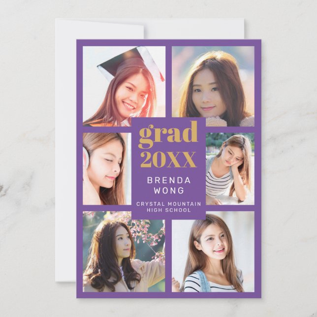 Faire-part Graduation Photo Collage or blanc Script violet (Devant)