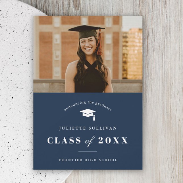 Faire-part Graduation photo de type minimal (Simple typography navy blue photo graduation announcement card.)