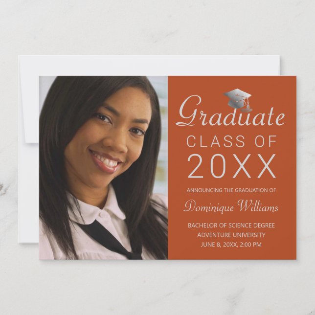 Faire-part Graduation Photo Silver Grad Casquette Script Oran (Devant)