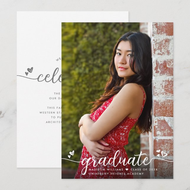 Faire-part Graduation Photo Simple Moderne Calligraphie Coeur (Devant / Derrière)