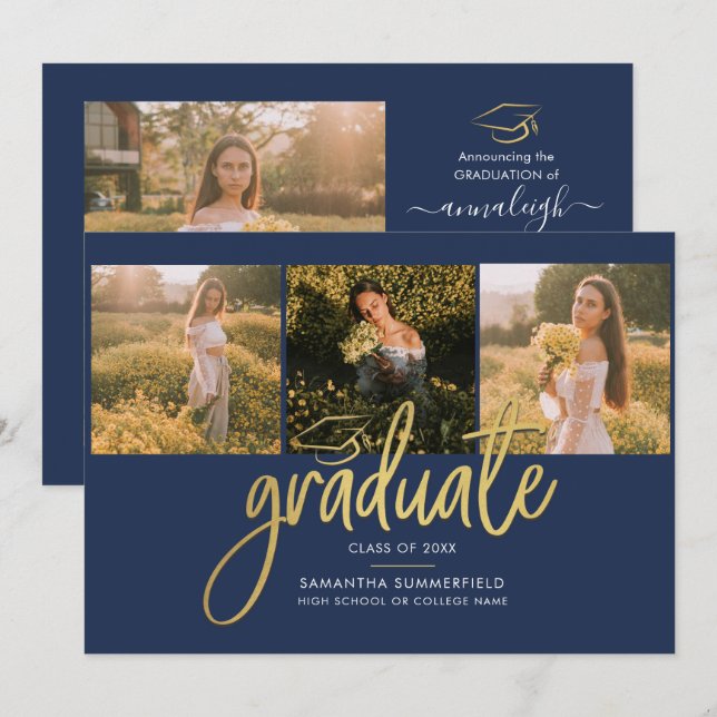 Faire-part Graduation Photos Script Marine Blue Gold Foil (Devant / Derrière)
