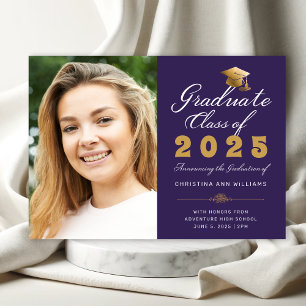 Faire-part Graduation Purple Gold Script Classe de 2025 Photo