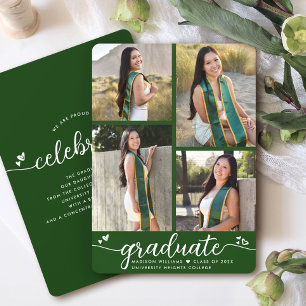 Faire-part Graduation verte 4 Coeurs de calligraphie photo Mo