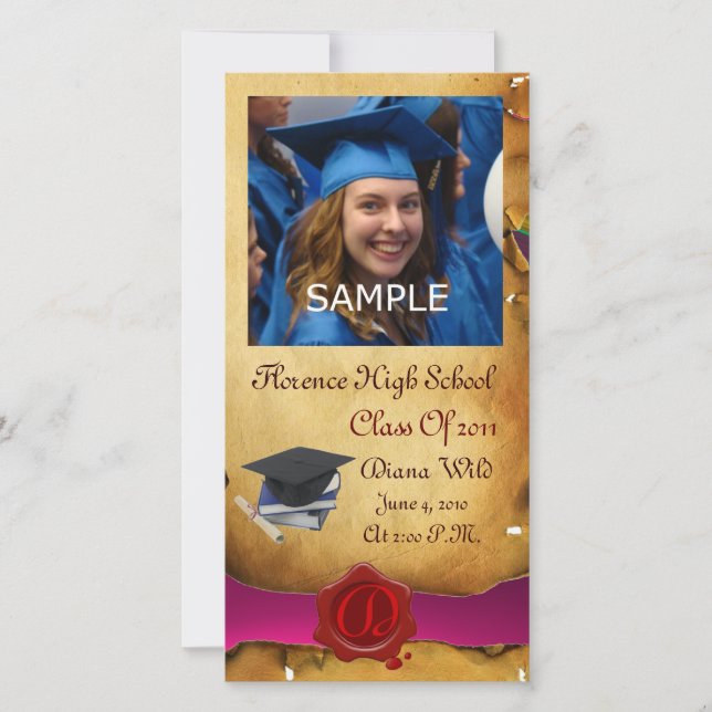 Faire-part GRADUM ROUGE BROWN CIRE MONOGRAMME rose (Devant)