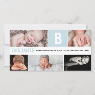 Faire-part Grand Monogramme Initiale Bébé Garçon 5 Photo Bleu