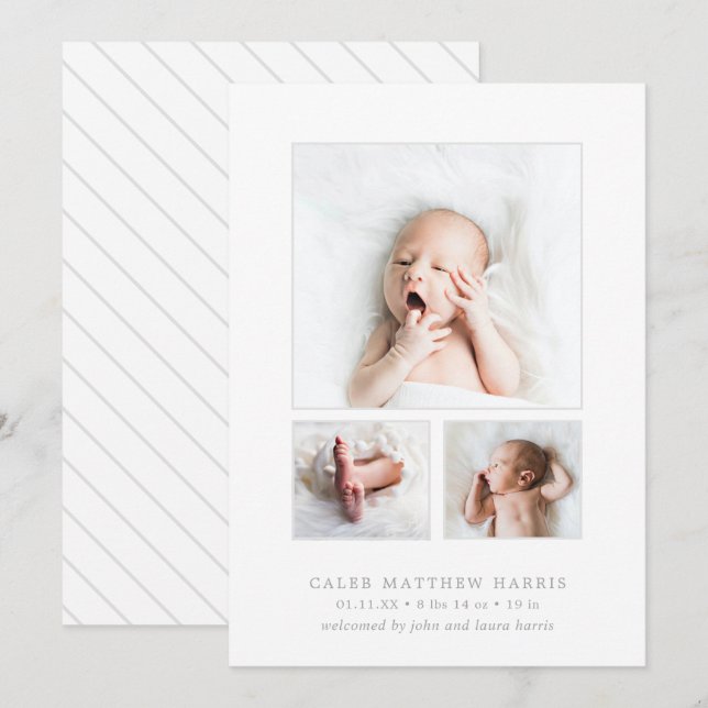 Faire-part Gray Baby Boy Photo Collage simple naissance (Devant / Derrière)