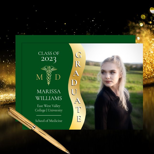 Faire-part Green Gold Graduate Wave Caduceus MD Médicale Grad (Créateur téléchargé)