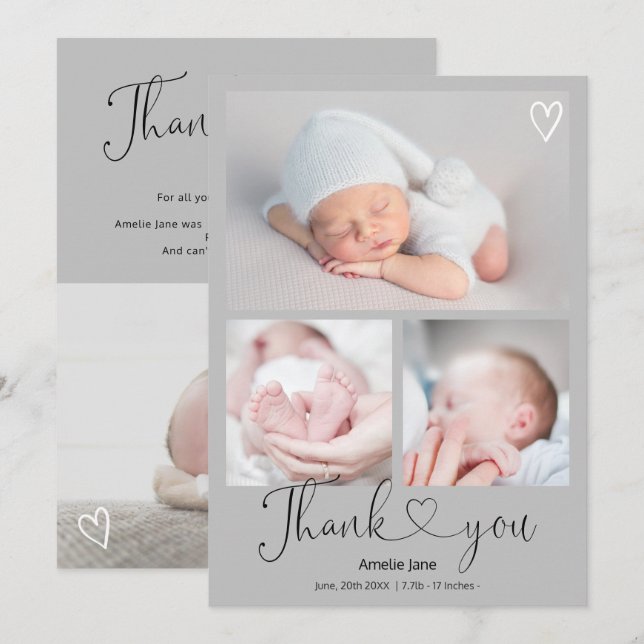 Faire-part Grey merci script coeur 4 photos naissance bébé (Devant / Derrière)