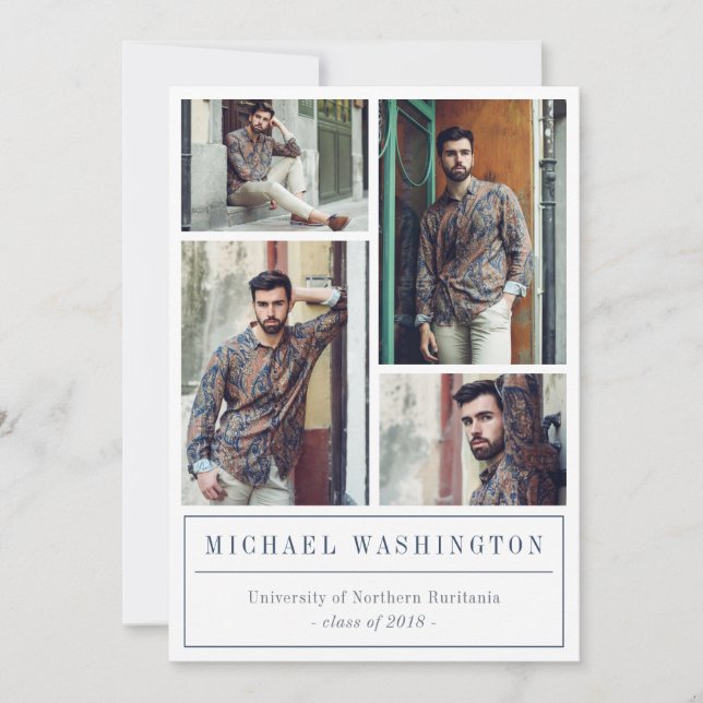 Faire-part Gris & Bleu Triangle Motif 4 Photos Graduation (Devant)