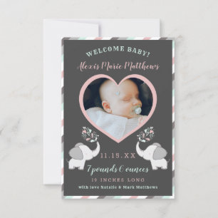 Faire-part Gris rose & Mint Eléphant Bébé Fille Photo Naissan