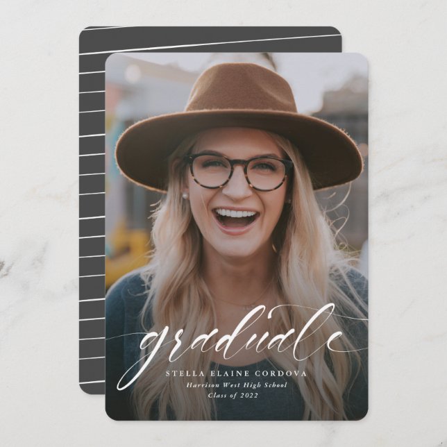 Faire-part gris simple script diplômé avec une pho (Devant / Derrière)