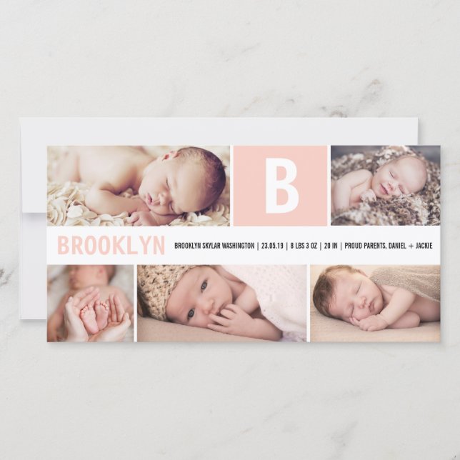 Faire-part Grosse Initiale Rose Bébé Monogramme 5 Multi Photo (Devant)