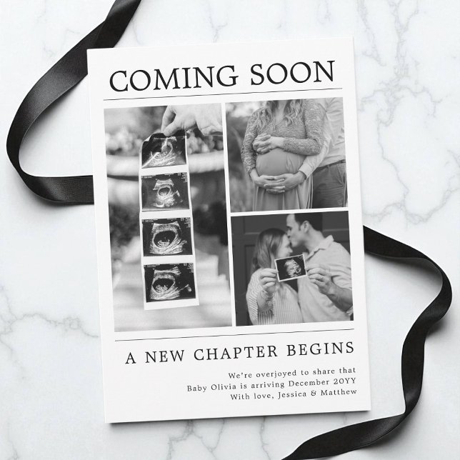 Faire-part Grossesse de journal photo en noir et blanc modern (Modern Black and White Photo Newspaper Pregnancy Announcement)