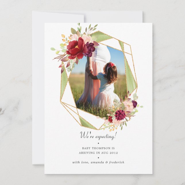 Faire-part Grossesse florale géométrique bordeaux et floue (Devant)