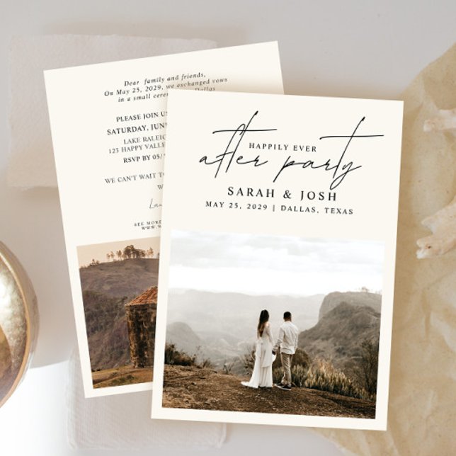 Faire-part Happily Ever After 2 Crème de Mariage Réception (Easily personalize this wedding reception invite with your wedding photos and details - so easy!)