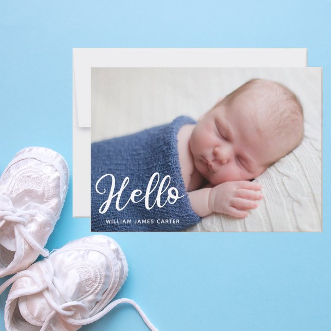Faire-part Hello Baby Boy Photo Simple Script Blue Birth (Créateur téléchargé)