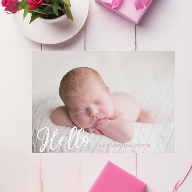 Faire-part Hello Baby Girl Photo Simple Script rose Naissance (Créateur téléchargé)