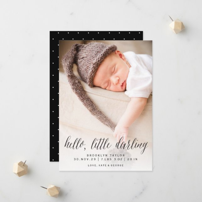 Faire-part Hello Little Darling Minimalist Photo Design Naiss (Devant/Arrière en situation)
