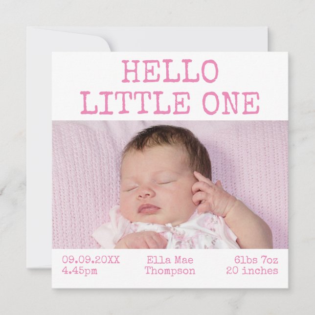 Faire-part Hello Little One 2 Nom photo Date Baby Girl (Devant)