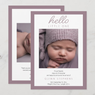 Faire-part Hello Little One - 2 Photo Bébé Lavande Naissance
