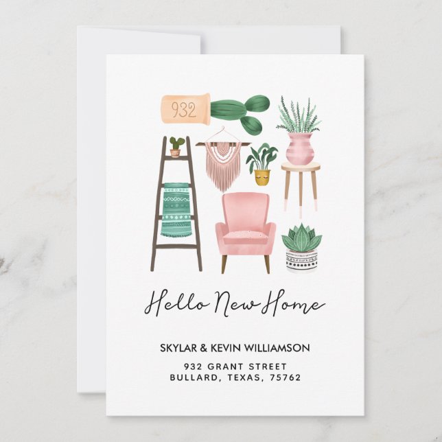 Faire-part Hello New Home | Plantes pots et mobilier en mouve (Devant)