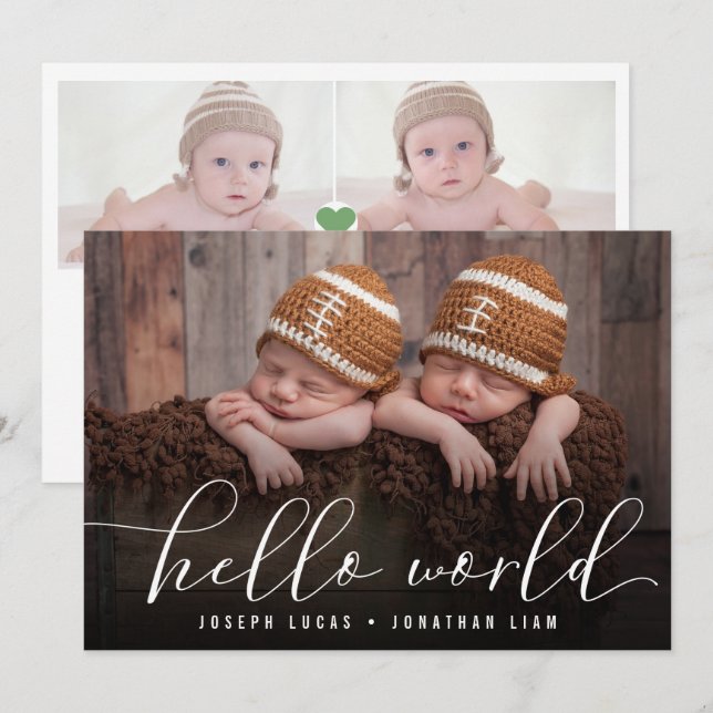 Faire-part Hello World Stylish Calligraphie Twin Photo Collag (Devant / Derrière)