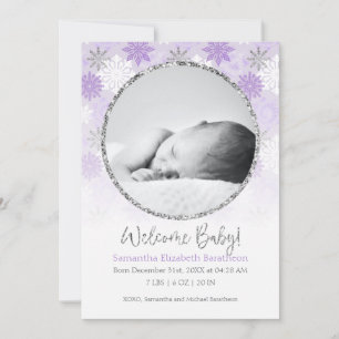 Faire-part Hiver Purple & Silver Flocon de neige Bébé Announ 