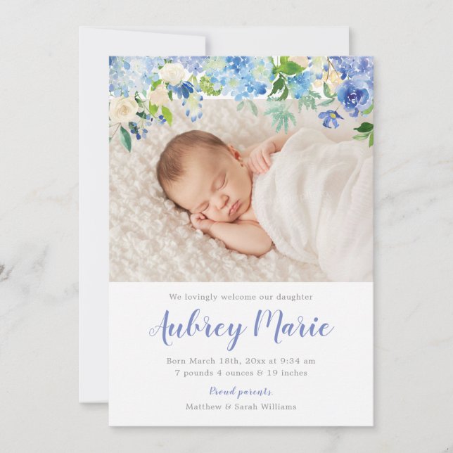 Faire-part Hydrangea Aquarelle Florale Fille Photo Naissance (Devant)