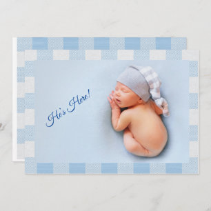 Faire-part Il’s Here Baby Boy Blue En vichy Modern Birth
