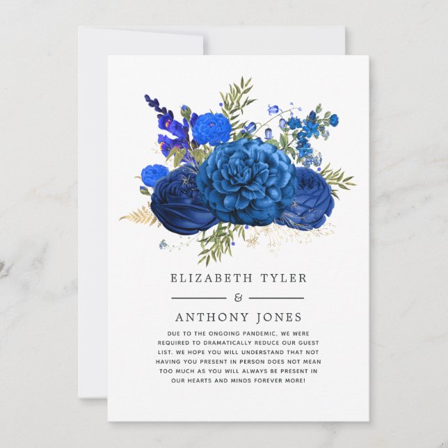 Faire-part Invité de mariage réduit avec fleurs bleues royale (Devant)