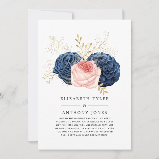 Faire-part Invité de mariage réduit Blush, Navy et floral dor (Devant)