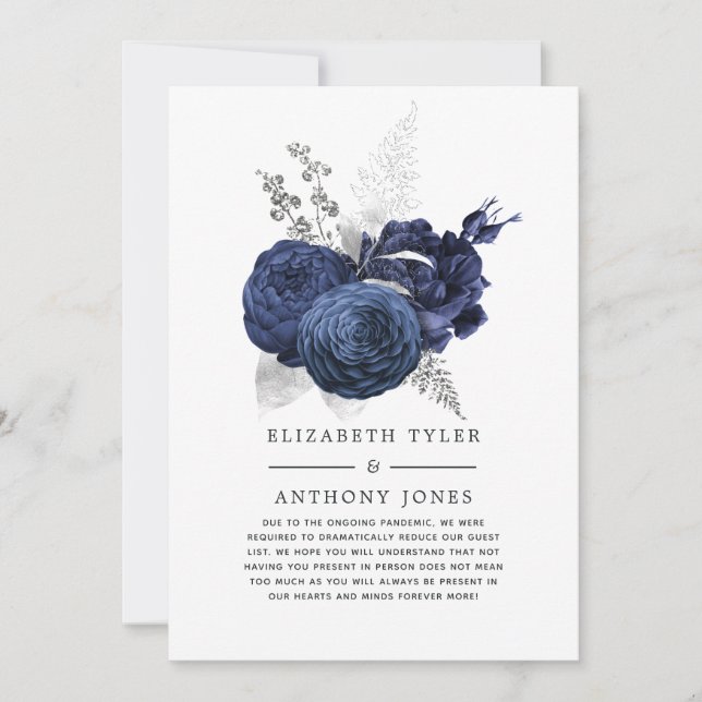 Faire-part Invité de mariage réduit floral bleu marine et arg (Devant)
