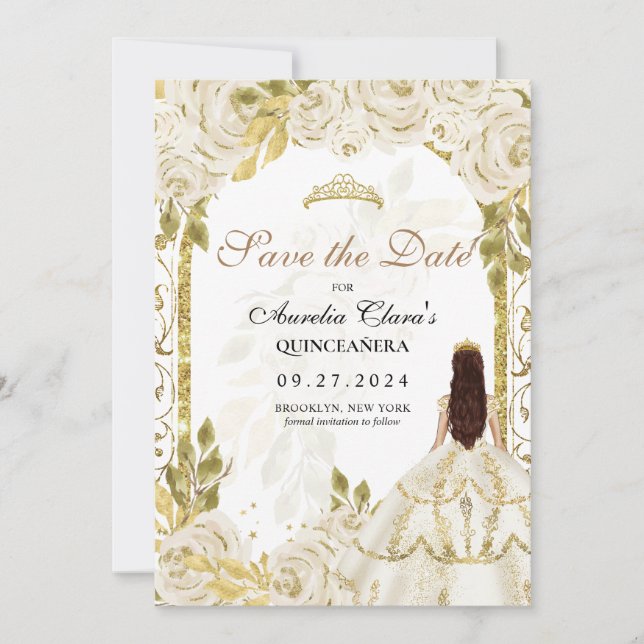Faire-part Ivy Blanc Floral Princesse Or Arc Quinceanera (Devant)
