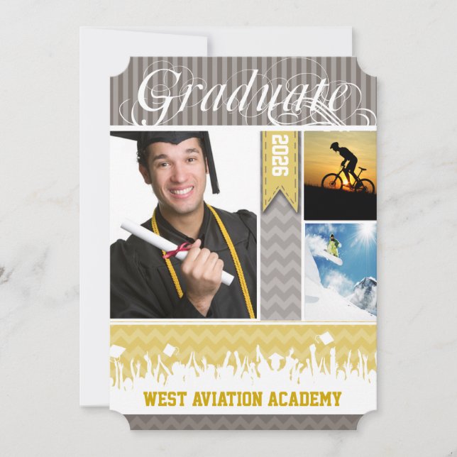 Faire-part Jaune Grey Zig Zag Senior 3 Photos Classe de (Devant)