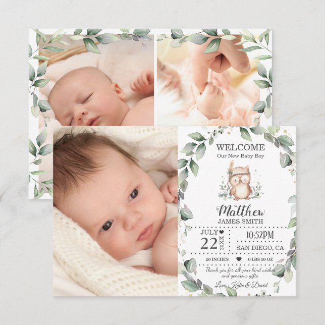 Faire-part Jolie chouette de verdure Nouveau bébé garçon Coll (Devant / Derrière)