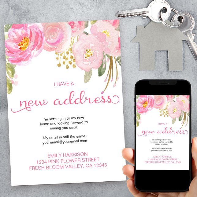 Faire-part Jolie Floral rose et or Nouvelle adresse (Créateur téléchargé)